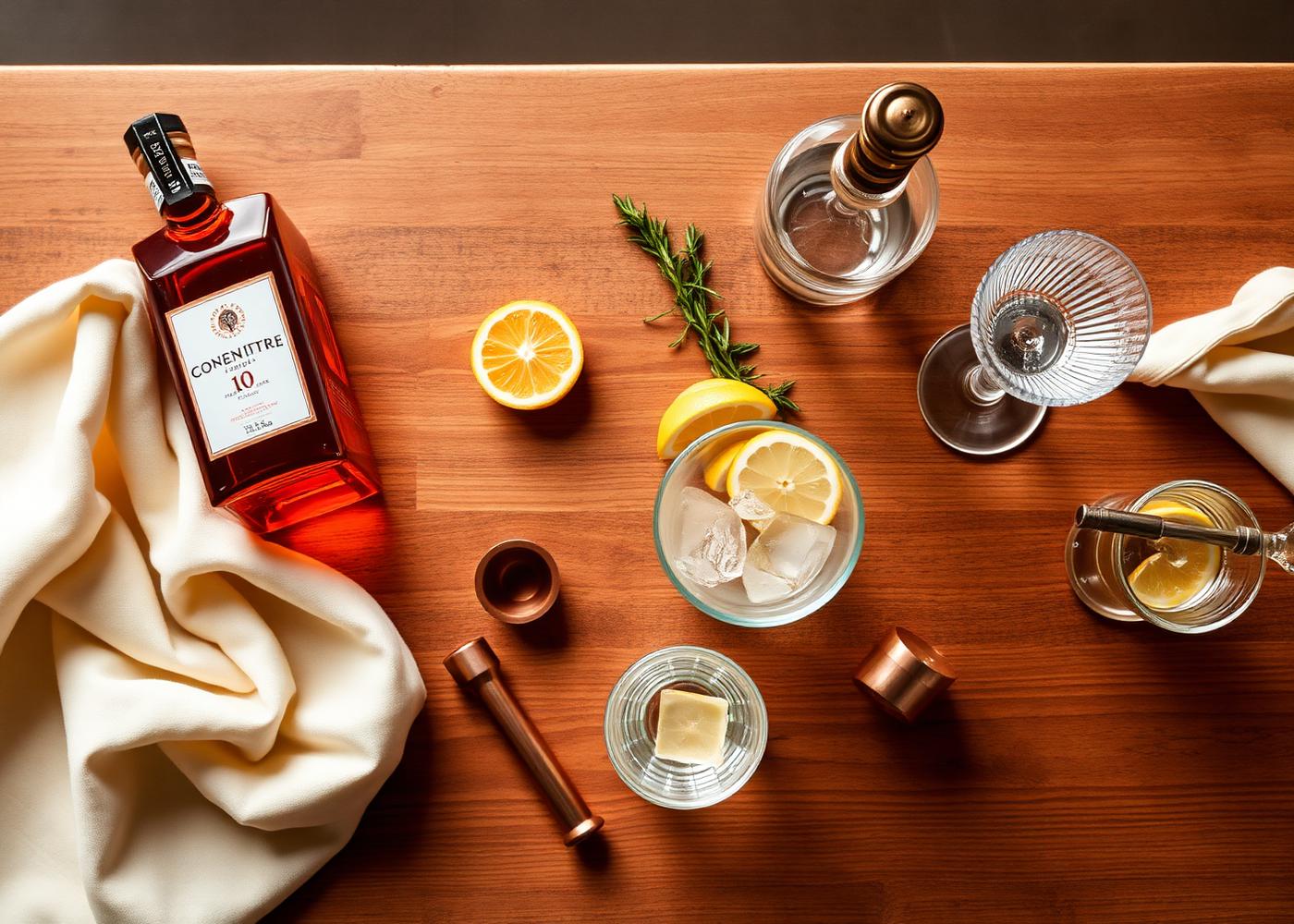 Bar setup flatlay with spirits and glassware