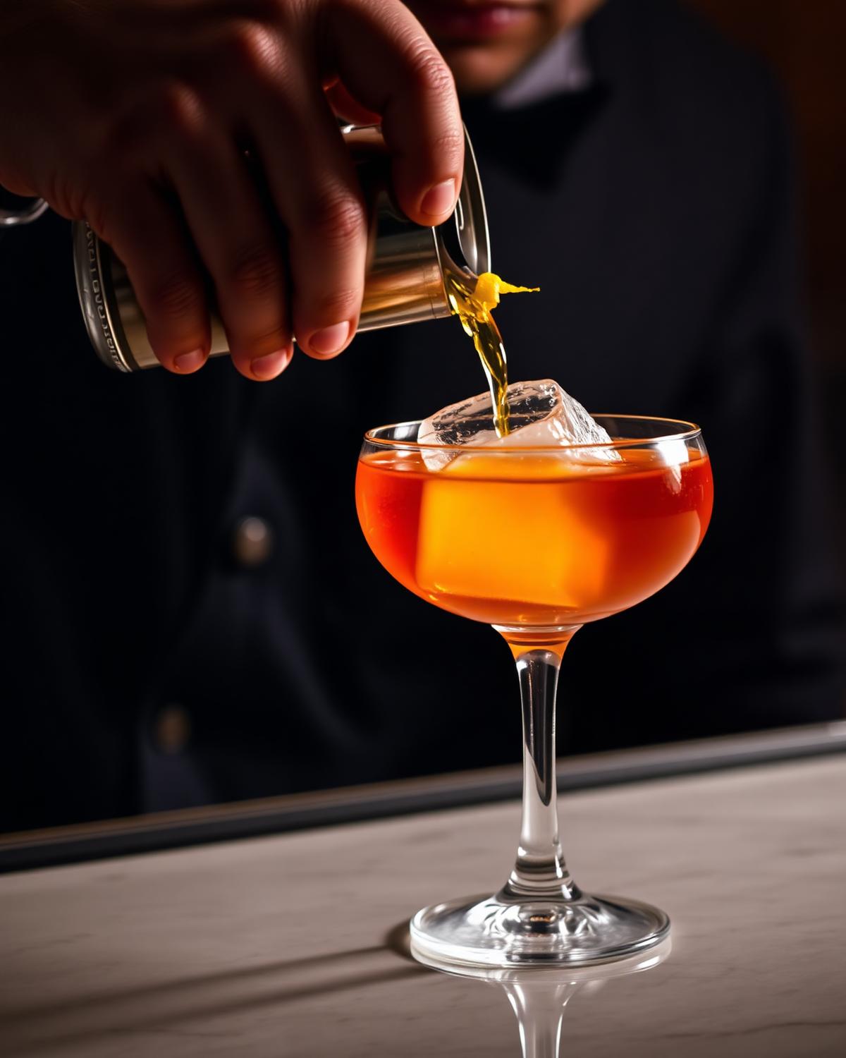 Bartender pouring an amber cocktail